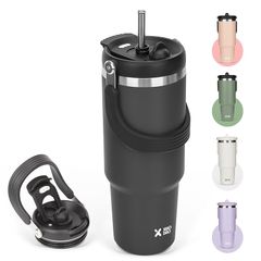 【新品】 SKIASE タンブラー ストロー付き 600ml 水筒 ウォーターボトル 真空断熱 保温 保冷 ステンレスボトル 広口 直飲み 蓋付き アウトドア 取っ手付き 持ち運び こぼれない ブラック 0