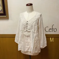❤️Cefo 長袖ブラウス M パフスリーブ 刺繍 前開き ボタン ピンタック レース インド製 ブルーメイト