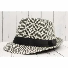 ストローハット 中折れハット チェック柄 石目編みハット 麦わらキャップ メンズ レディース BK 春夏 56㎝ SH30-1