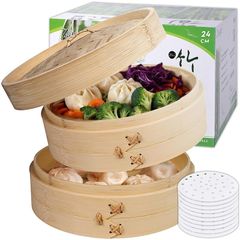 Zasupe せいろ蒸し器 24cm 2段 100%天然竹 竹セイロ用紙 30枚付き日本語取扱?明書付き 天然木 蒸し野菜