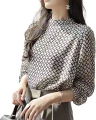 Lopis レディース ブラウス スタンドカラー カジュアル 長袖 おしゃれ シャツ オフィス トップス 透け袖 着瘦せ 着心地 エレガント(ホワイト,  S)