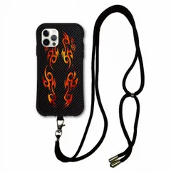 [iPhone12 Pro Max] スマホショルダー付 iPhone16 i-coronケース アイフォン 15 Pro 15 Plus SE 第2世代 第3世代 スマホケース 保護カバー 耐衝撃 カーボン ブラック バイナル 炎 ファイヤー