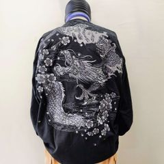 風神雷神刺繍スカジャン 紺 L Embroidered jumper(SUKAJYAN