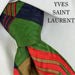 《美品》YVES SAINT LAURENT (イヴサンローラン) シルクネクタイ 総柄 幾何学模様 茶 緑 ネイビー 赤