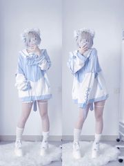 地雷系 ゆめかわいい セーラー服風パーカー｜水色×白｜量産型 甘ロリ系 原宿ファッション ゆるだぼ 大きめサイズ ガーリーコーデ 冬春 秋冬　サブカル　パーカー　ジャージ　水色界隈　天使界隈　セーラー　カラー　渋谷　原宿　ゆったり　大きめ