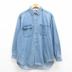 XL/古着 トミーヒルフィガー トミージーンズ 長袖 ブランド シャツ メンズ 90s ワンポイントロゴ コットン 紺 ネイビー デニム 25jul30 中