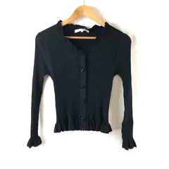 スーパービューティー  super beauty カーディガン 長袖 フリル バラ デザインボタン リブ タグ付き 黒 42サイズ 963757