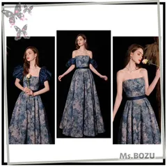 【在庫入替】【新品】【3wayが楽しめるプチレトロがオトナの上品を演出するロングドレス)ஐ♬.*ﾟ】演奏会用  結婚式 前撮り セルフ前撮り  コンサート 発表 １着３用ドレス ステージドレス  ピアノ 発表会 コーラス 合唱衣装 ブルー 青 花柄 XL