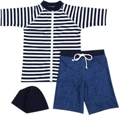 Babystity 男の子 水着 UPF50+ ボーダー柄 ラッシュガード 帽子 デニム柄 パンツ 80～120cm 3点セット 110cm(110cm 3点セット)
