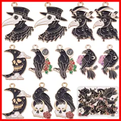 SUNNYCLUE　24個6種　ハロウィン　チャーム　カラス　チャーム　黒い鳥　パーツ　鳥　花　ピアス　ゴシック　とり　カラス羽　イヤリング　暗黒風　幽霊　おに　スカル　ネックレス　どくろ　ブレスレット　鬼　月　はな キーホルダー　バラ　ムーン　雲　メタルパー