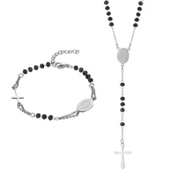 - 聖母マリア シルバー ゴールド オシャレ シンプル アンティーク風 レトロ キリスト教 チェーン 念珠 数珠 パール ビーズ セット: アクセサリー ネックレス ブレスレット 十字架 クロス [Aroncent]