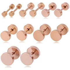 【幅3/4/5/6/7/8mm 色：ステンレス ローズゴールド 6ペアセット】[Adelina Style] ダンベルピアス 人気 つけっぱなし ネジ式 フラットキャッチ 円型 サージカルステンレス メンズ レディース 金属アレルギー対応 スタッドピアス 男女