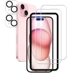 【2+2枚セット】ガイド枠付き KPNS 日本素材製 強化ガラス iPhone15 用 ガラスフィルム カメラフィルム カバー 保護フィルム 1