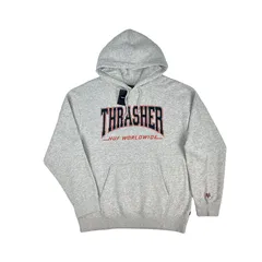 新品 HUF ハフ THRASHER スラッシャー コラボ ベースボール ロゴ カレッジ パーカー ヘザーグレー オーバーサイズ ワイドフィット プルオーバー フーディ アメリカ 西海岸 ストリート サンフランシスコ ジャイアンツ スケーターマガジン ブランド