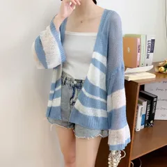 送料無料 冬にも羽織れる ブルー ホワイト ボーダー クリスマス ニットカーディガン 長袖 トップス/冬/プレゼント クリスマス 効果 温感