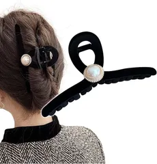 Herbeluemily(ハベルミリィ) バンスクリップ ヘアクロー ヘアクリップ ビジュー 大きめ パール ブラック 髪留め(A ベルベットクラウンパール)