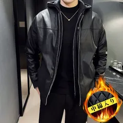 レザージャケット フード付き 中綿入り メンズ 重ね着風 着脱 ライダースジャケット おしゃれ アウター 革ジャン ジャケット 暖かい 保温 防寒 防風 PUレザー ブルゾン バイクジャケット mingjue09