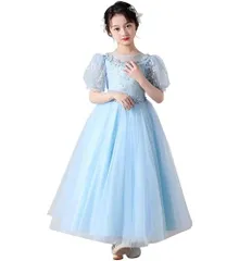 120_ライトブルー [Ｋａｙｉｙａｓｕ] ロングドレス 女の子 子供ドレス 発表会 ピアノ パフスリーブ フォーマル 卒業式 フラワーガール 演奏会 入園式 誕生日 ジュニア ガールズ 刺繍 3-14歳 (120, ライトブルー)