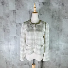 美品<!-利用不可文字-!> ミッシュマッシュ MISCH MASCH ノーカラージャケット 【M】 ホワイト 白 グレー 灰色 チェック ビジュー ラインストーン 爽やかフックボタン