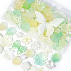 【人気商品】ロココ調 デコトレカケース クリア ゴールドライン バラ 氷ビーズ 蝶 リボン フラワー 貝殻 パール 薔薇 アクセサリー (【P】黄緑グラデーション) セット デコレーション 可愛い 素材 デコ デコ パーツ パーツ パーツ ハンドメイド 手芸