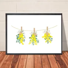 A4・A3ポスター【ミモザのスワッグ3本(横）】イラスト アートポスター A4サイズ 壁飾り 春 植物 観葉植物 模様替え インテリア カフェ