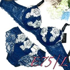 （935701）脇高ラメ入り大花刺繍ブラ＆ショーツセット【E75/L】 ネイビー
