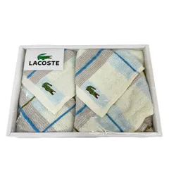 【未使用品】 LACOSTE ラコステ タオルセット 2枚 ハンドタオル ハンカチ チェック柄 ホワイト ブルー グレー 白色 青色 灰色 綿 コットン 美品 ギフトセット