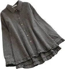 [エンプティオ] 長袖 チェック柄 ブラウス レディース シフォン チュニック 襟なし エレガント レース ゴシック トップス ユッタリ スキッパー シフォンブラウス カジュアル フンワリ セレモニー 薄手 韓国風 開襟 [ギンガムチェック柄ブラック] [M]