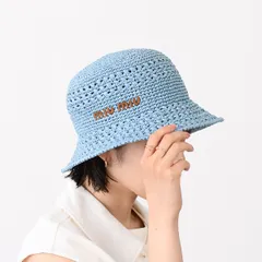 MIU MIU ミュウミュウ ハット 帽子 バケハ ラフィアハット 5HC287 2DO1 レディース ホワイト ブラック ブルー 麦わら帽子 ウーブン ファブリック ロゴ ナチュラル 夏のサムネイル