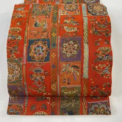 名古屋帯 美品 名品 山岡古都 落款あり 草花 動物 金彩 赤茶