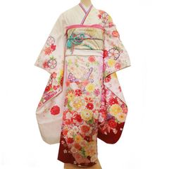 振袖セット 美品 赤×白×黒 バラ 千鳥格子柄 ピンクドット柄