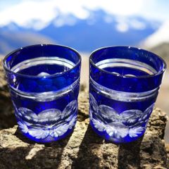江戸切子 2客セット オールドグラス 青被せ 瑠璃色 工芸品 昭和レトロ 美品 切子グラス ミニサイズ インテリア