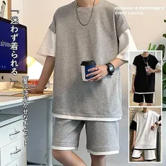 tシャツ メンズ 半袖 上下 セット 夏服 ゆったり ジャージ メンズ 上下 ハーフパンツ セットアップ メンズ 無地 スウェット メンズ 上下セット フェイク レイヤード おしゃれ 大きいサイズ xiaan01