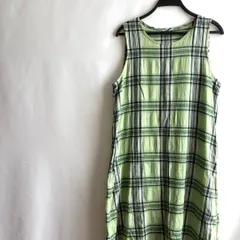 ノースリーブワンピース緑グリーンチェック柄シンプルロングカジュアルシンプル