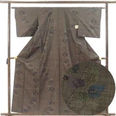 紬 身丈162cm 裄63cm 前幅24cm 後幅29.5cm 袖丈47cm 袖幅32.5cm レディース 袷 花柄 裄Mサイズ 秋冬春用 正絹（シルク）ブラウン 美品 大島紬 リメイク リユース リサイクル【呉服のきくや】