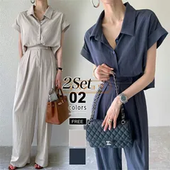 セットアップ レディース 春 夏 カジュアル 夏 半袖 パンツ シャツ ワイドパンツ 上下セット トップス ボトムス リネン風 2点セットアップ 半袖シャツ ゆったり 体型カバー ハイウエスト タックパンツ yuxin11