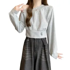 【在庫処分】トップス 長袖 肩出し アシンメトリー ショート丈 ショート丈 無地 ゆったり レディース ポリエステル混紡 柔らかい トレーナー シンプル ファッション プルオーバー 普段着 着痩せ [R10righten] 春 秋