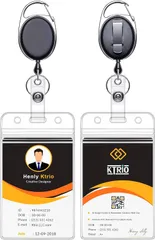 【人気商品】リール式 2枚セット クリップ 縦型 カラビナ 吊り下げ 社員証ケース 名札ケース ネームホルダー 名札ホルダー カードケース 両面 カードホルダー 通学通勤 防水 PVC製 KTRiO 透明 クリア 内寸9×6.4cm