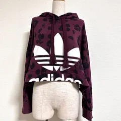 adidas ウィメンズ クロップドフーディ EC1901 ビッグロゴ×花柄 裏毛スウェット プルオーバーパーカー オーバーサイズS FREE相当 バーガンディ Y2K