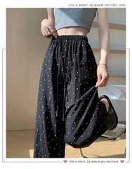 ワイドパンツ ドット柄 涼しい 夏 パンツ レディース ストレートワイドパンツ 水玉柄 パンツ ウエストゴム ロングパンツ ズボン ボトムス ギャザーのデザイン バギーパンツHZQ939