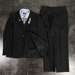 【JAPANESE VINTAGE】6点セット セレモニー シングルスーツ スリーピース ベスト付き セットアップ 上下 ブラック系×ライトブルー系(BURBERRYシャツ)  成人式 卒業式 結婚式（ユーロピンズ＆バーバリー長袖シャツ＆ネクタイ）No.62