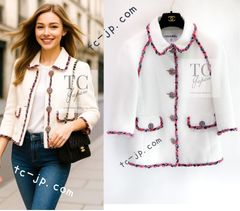 167万 シャネル ジャケット CHANEL ホワイト 白 ピンク ブレードトリミング コットン 春夏 ツイード 超美品 40 42 カールラガーフェルド作品 レア貴重