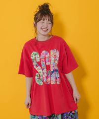ScoLar（スカラー）SCRロゴ花柄 シャーリングTシャツ　チャコールグレー、レッド、グリーン　152665