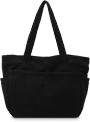 MT's SHOP トートバッグ レディース 大容量 軽量 コーデュロイ キャンバス 無地 サイドポケット 肩掛け 手提げ マザーズ SH396(ブラック)