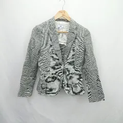 ◇ ⊂ UNIQLO INES DE LA FRESSANGE 麻100% 千鳥格子柄 長袖 ジャケット サイズM ブラック ホワイト レディース E  【1507030016494】