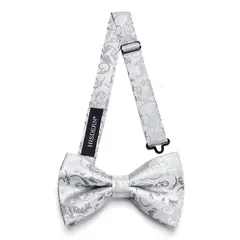 [HISDERN] グレー 蝶ネクタイ シルバー 大人 結婚式 蝶 ネクタイメンズ フォーマル ペイズリー柄 ボウタイ ワンタッチ 蝶ネクタイチーフ セット 簡単着脱 調節可能…