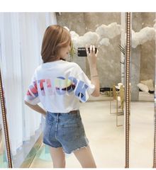 バックプリントカラフルレタリングTシャツ 半袖Tシャツ レディース 英字柄 夏
