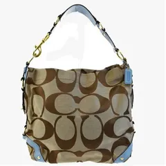 【中古】 超美品 コーチ COACH シグネチャー ショルダーバッグ ブラウン ライトブルー キャンバス レザー 10620 09HA775