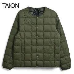 タイオン メンズ ベーシック クルーネックボタン インナーダウンジャケット 定番無地 TAION-104 ライトダウンジャケット ダークオリーブ