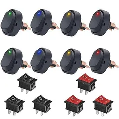 GTIWUNG 8個 12V 30A SPST 3ピン オン/オフ 4色（赤+黄+青+緑）ラウンドトグル LEDオンオフロッカースイッチ防水 3ピンオン - オフ オートロッカー防水トグルスイッチ + 6個 入り 照明なし 赤/黒 ロッカス